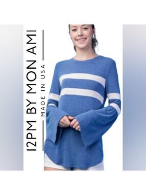 12 PM BY MON AMI Terry Varsity Bell Sleeve Blue & White Sweater Size Large NWT